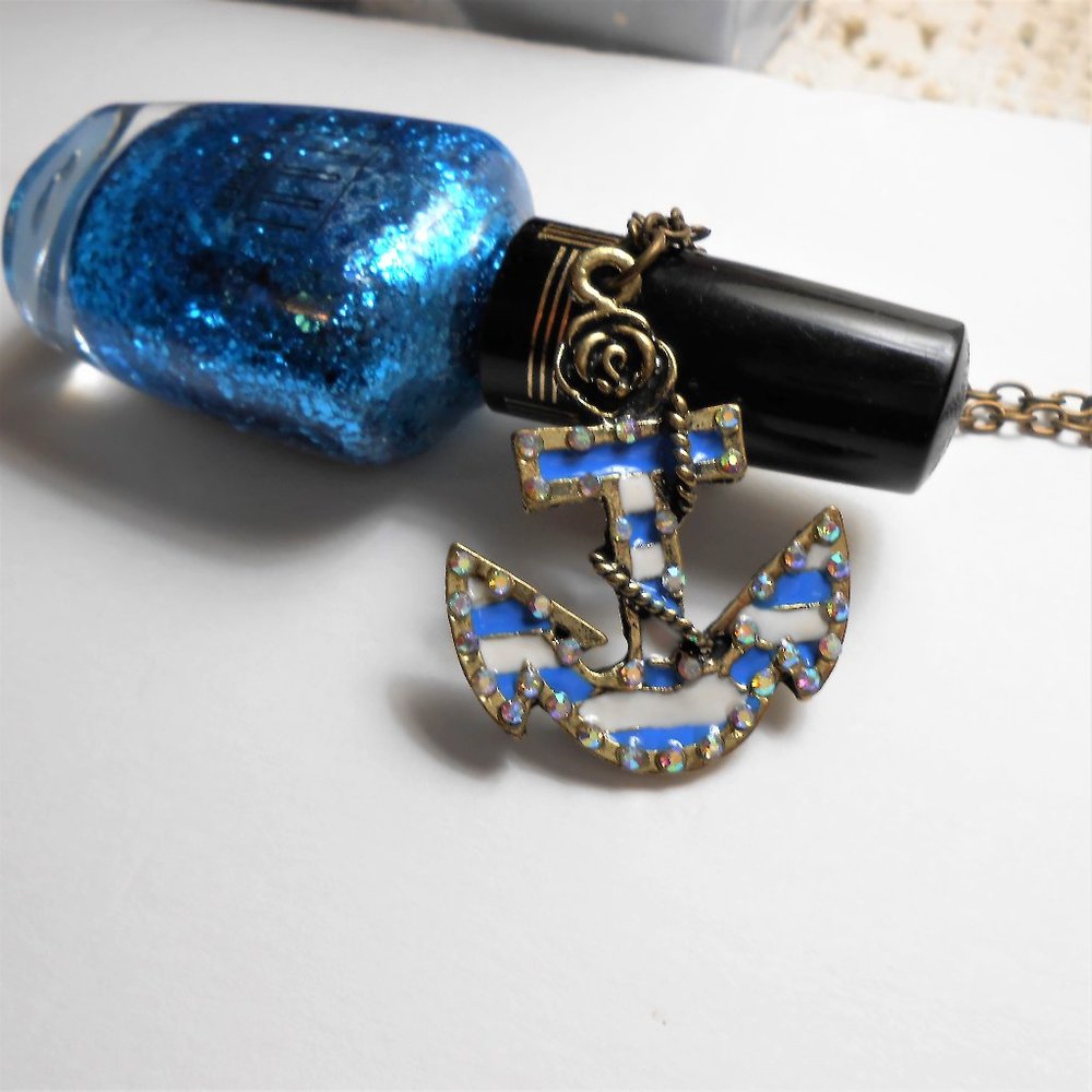 Crystal Blue & White Striped Anchor Pendant